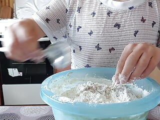 Hot brunette cute bread preparation